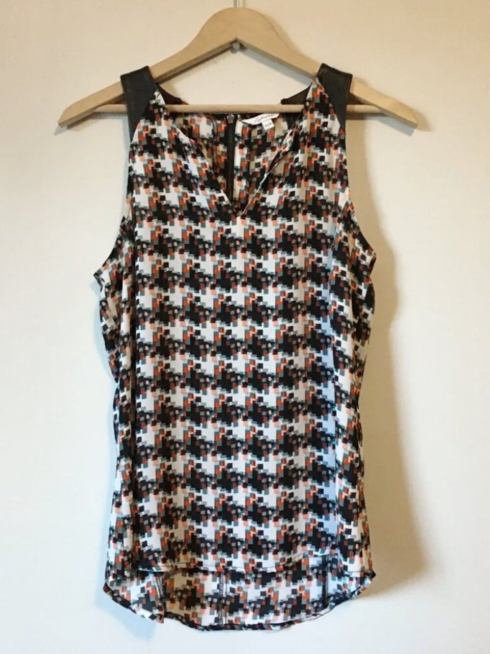 VTG Reitmans Black Vegan Leather Accent Green Orange Pixel Dot Top XS Cybergoth